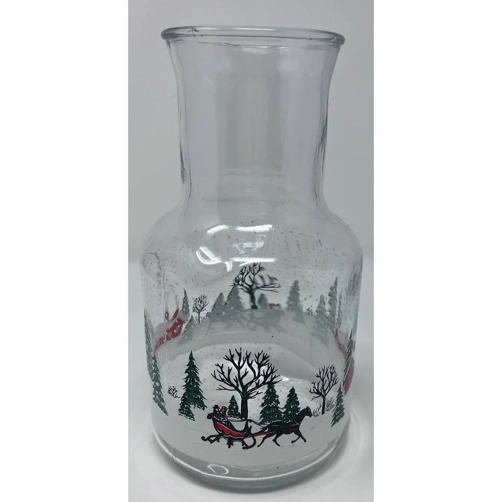 KIG Indonesia Vintage Glass Christmas Winter Sleigh Scene Carafe‎ Decanter 9